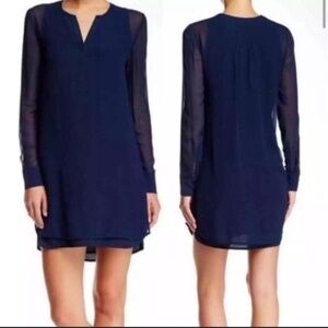 Vince Navy Blue Silk Double Layer Long Sleeve Mini Shift Dress